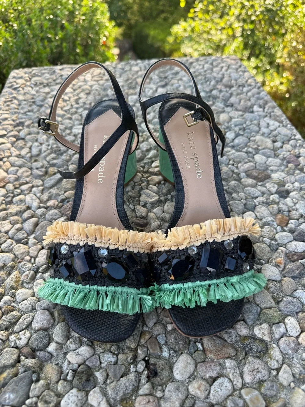 kate spade Black Sandals with Cream & Mint Fringe and Jewel Embellishments